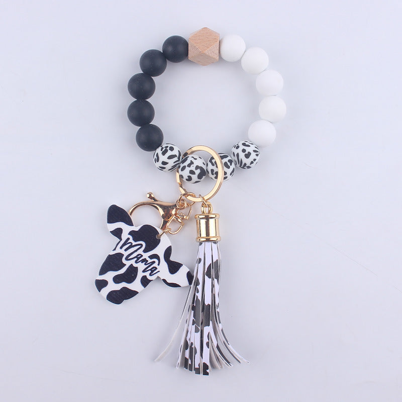 Wholesale MAMA Wood Chips Cow Head Western Style Silicone Beads Wrist Keychain